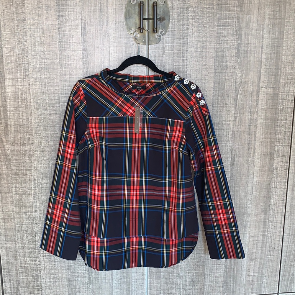 J.CREW Jewel Button Funnel‎ Neck Plaid Shirt In Stewart Plaid